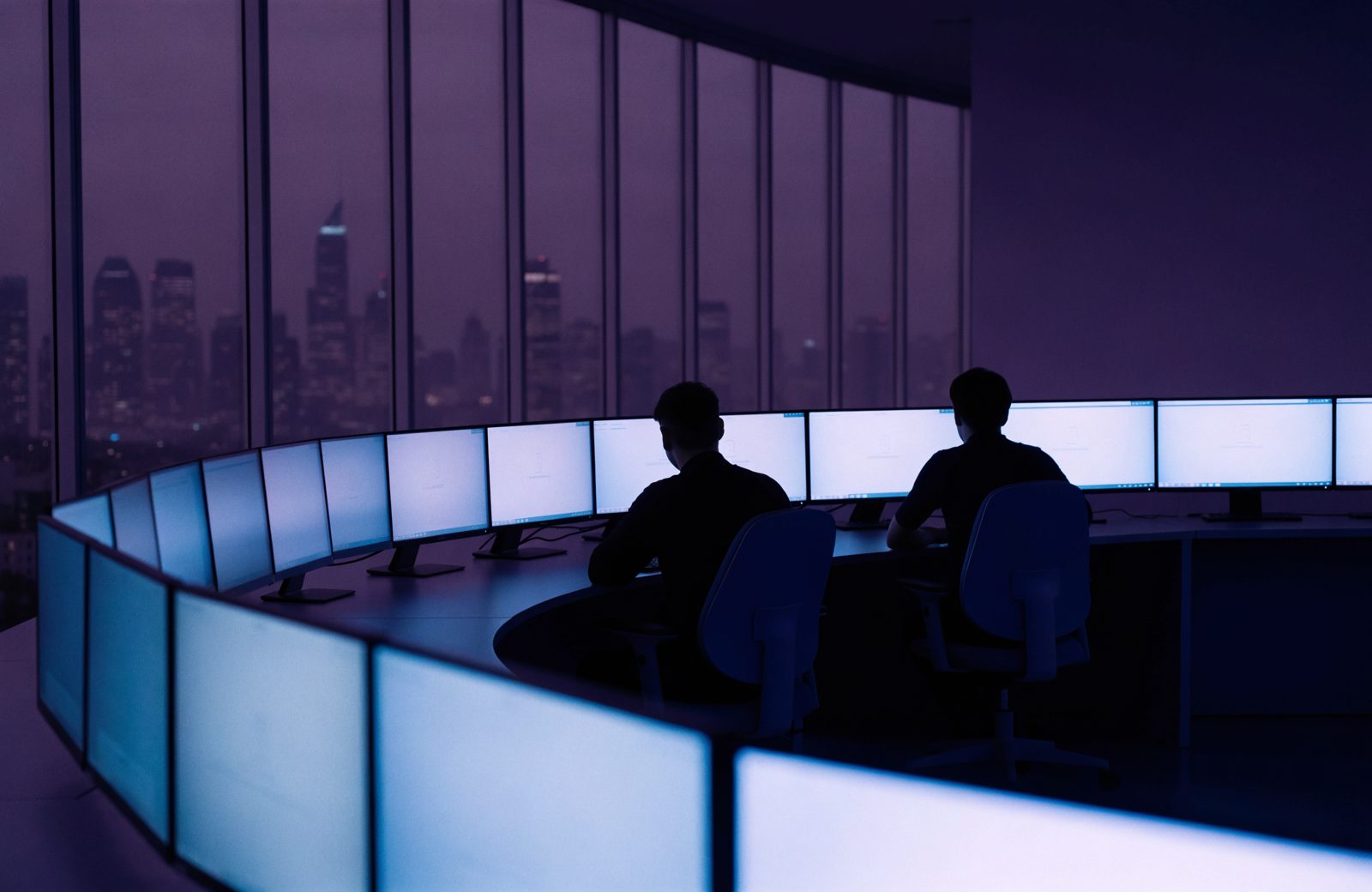 Analysts at a curved desk of monitors in a security operations center at night, city skyline beyond