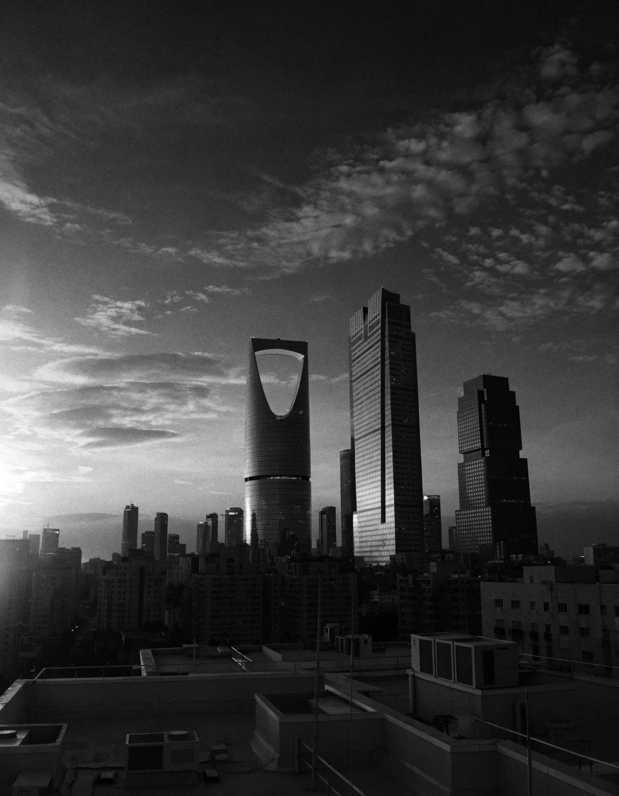 Riyadh skyline at dusk in black and white