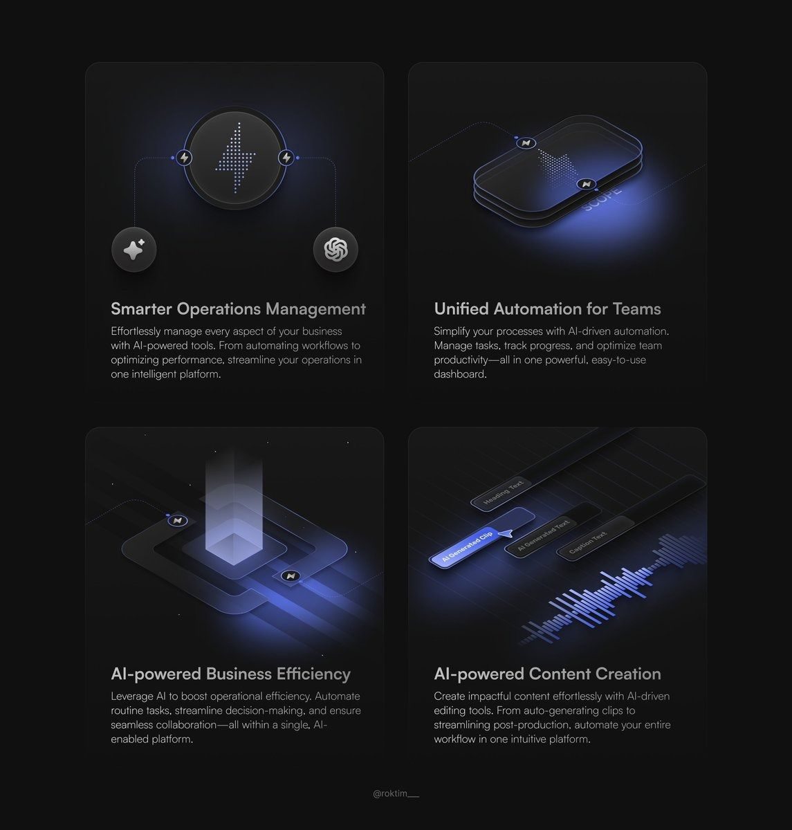 Four dark cards with isometric 3D device renders