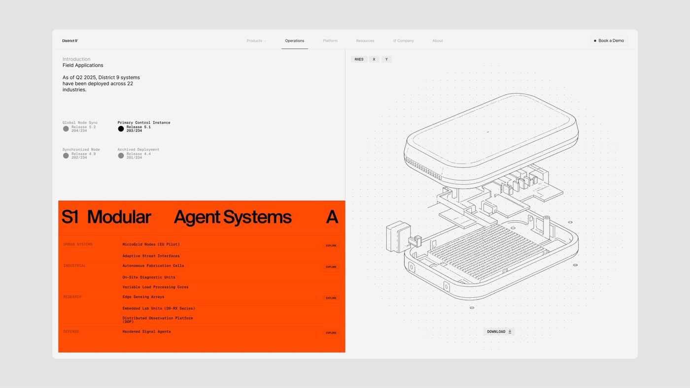 Exploded isometric hardware module in orange and white