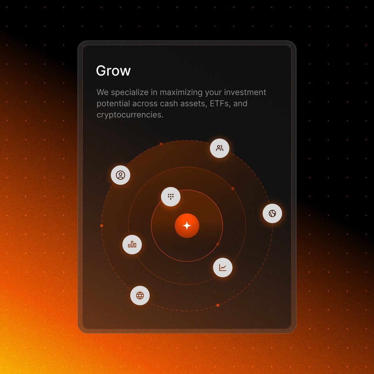 Orange gradient card with radial diagram