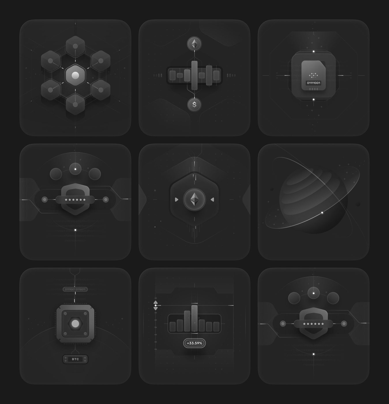 Grid of dark line-art hardware icons