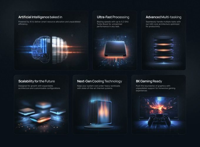 AI feature cards with glowing 3D fragments