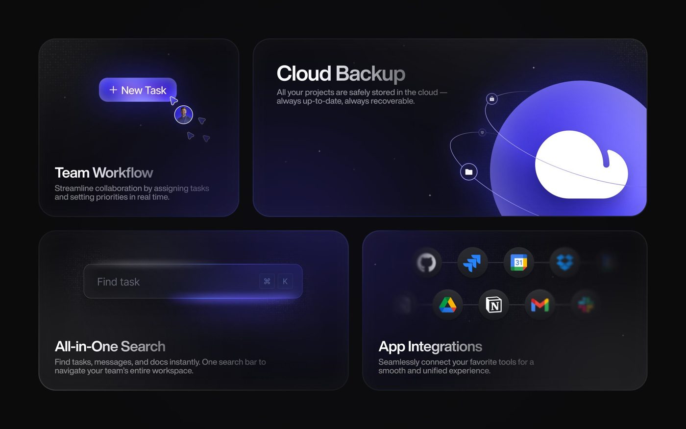 Cloud Backup bento grid with glowing purple elements