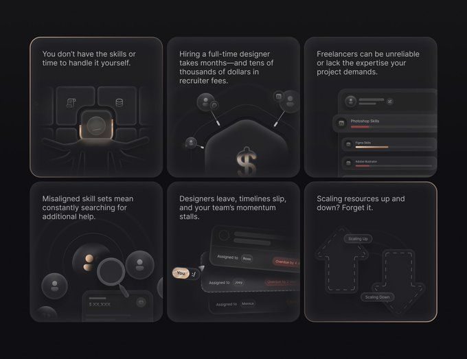 Dark bento of small product cards with 3D icons