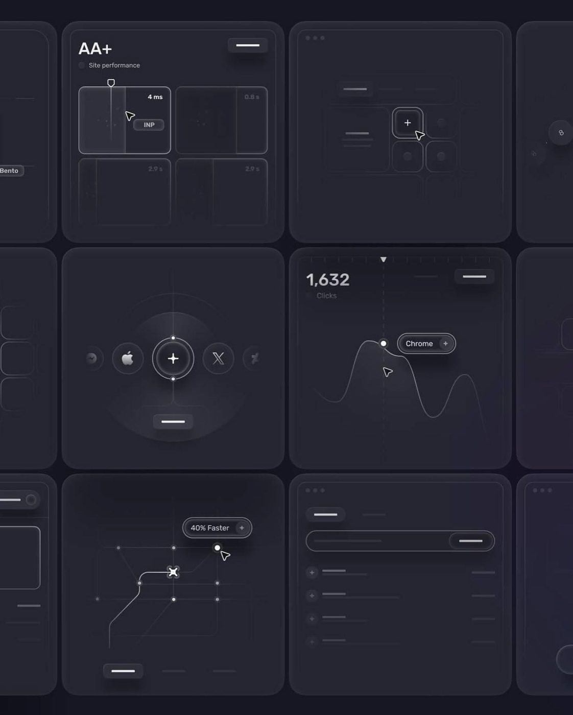 UI widgets with thin connector lines on dark
