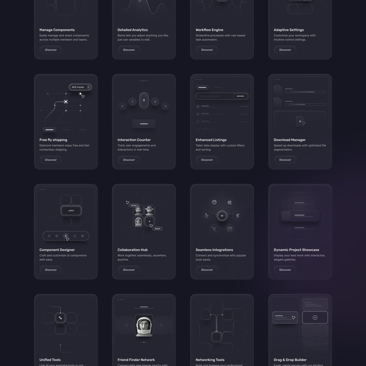 Grid of small feature cards with thin line illustrations